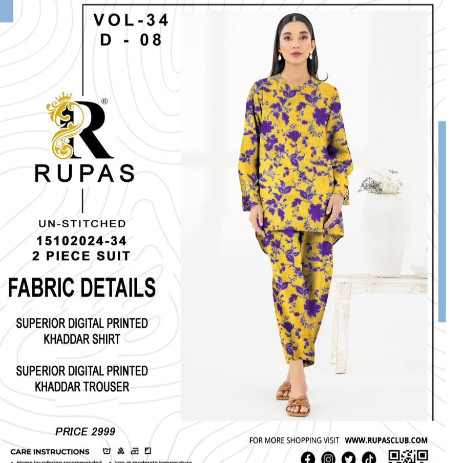 Rupas Women Un-Stitched Slub Khaddar All-Over 2 PC | D-08