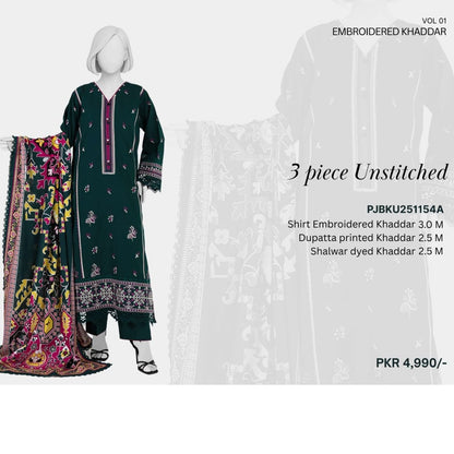"Panjnad by J." 100% Original Un-Stitched Embroidered Khaddar 3PC Suit-JPE02