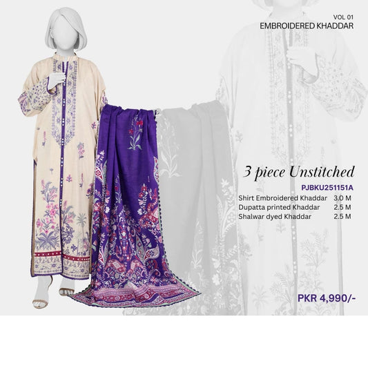 "Panjnad by J." 100% Original Un-Stitched Embroidered Khaddar 3PC Suit-JPE03