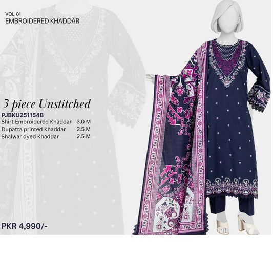 "Panjnad by J." 100% Original Un-Stitched Embroidered Khaddar 3PC Suit-JPE05