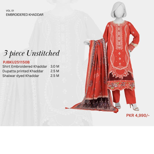 "Panjnad by J." 100% Original Un-Stitched Embroidered Khaddar 3PC Suit-JPE04